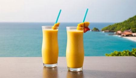 Iced drinking glass with mango smoothies and sea ocean viewの素材