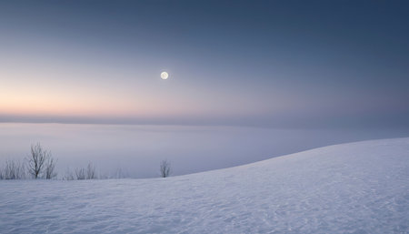Minimalistic natural winter landscape. Full cold moon over a snow-covered foggy slope. Winter polar night landscapeの素材