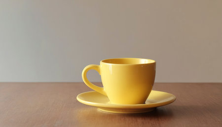 Yellow coffee cup on table with copy spaceの素材