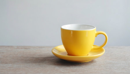 Yellow coffee cup on table with copy spaceの素材