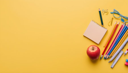 Back to school. School accessories on a yellow background. photo bannerの素材