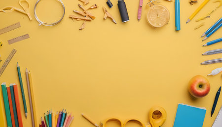 Back to school. School accessories on a yellow background. photo bannerの素材