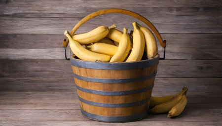 Bananas in a wooden bucket. On a wooden backgroundの素材