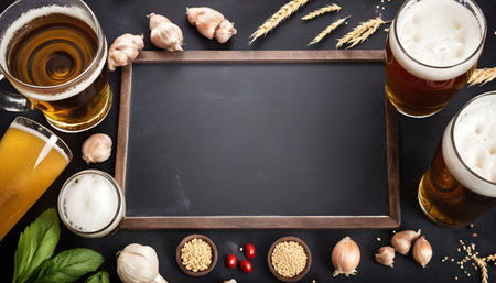 Beer background. Fresh beer and ingredients. On the black chalkboardの素材