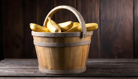 Bananas in a wooden bucket. On a wooden backgroundの素材