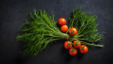 Bunch of fresh dill with tomatoes. On dark rustic backgroundの素材