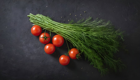Bunch of fresh dill with tomatoes. On dark rustic backgroundの素材