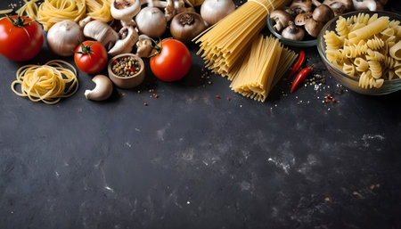 Different types of raw pasta with tomatoes, spices and mushrooms. On dark rustic backgroundの素材