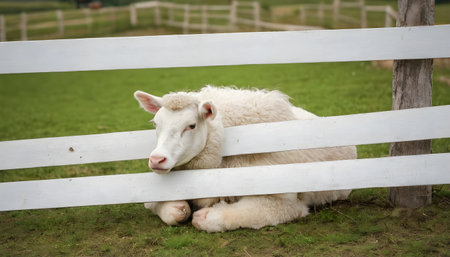 Sheep resting Inside a white wooden fence at farmの素材