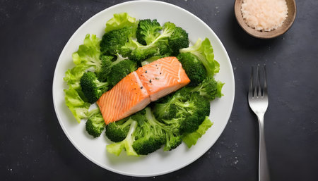 Salad of baked fish salmon, broccoli, lettuce top viewの素材