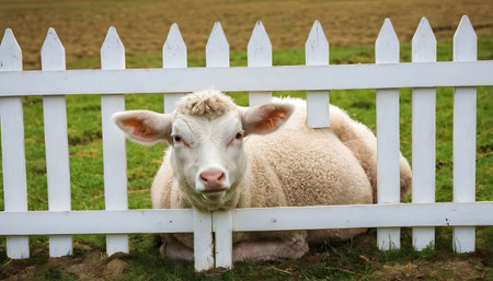 Sheep resting Inside a white wooden fence at farmの素材