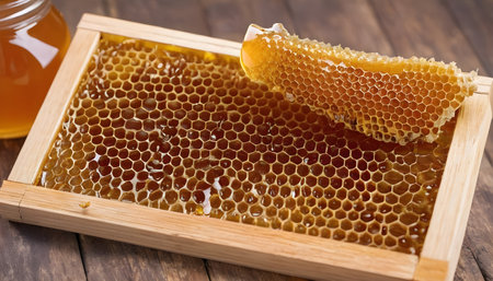 bees extract honey from honeycombs on wooden framesの素材