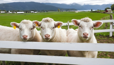 Sheep resting Inside a white wooden fence at farmの素材