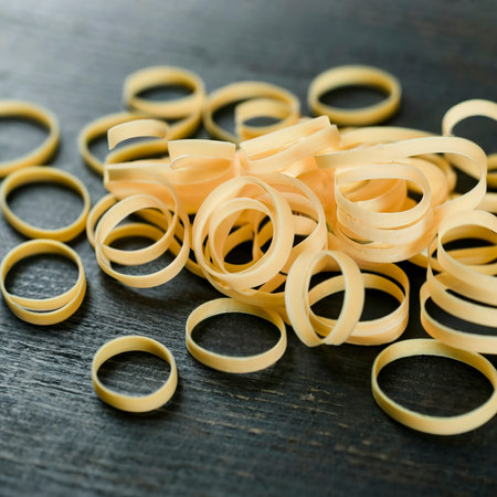 Close up Scattered Unused Yellow Elastic Rubber Bands on the Tableの素材