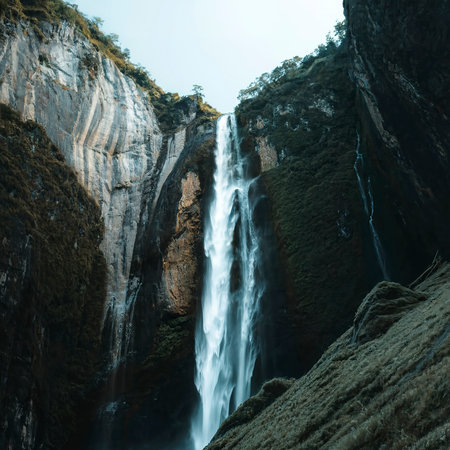 Natural waterfall, shoulder river, through the top of the mountainの素材