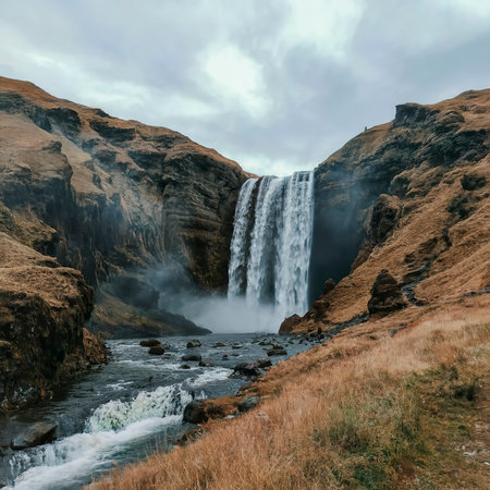 Natural waterfall, shoulder river, through the top of the mountainの素材