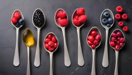 Different berries spoons. On a stone backgroundの素材
