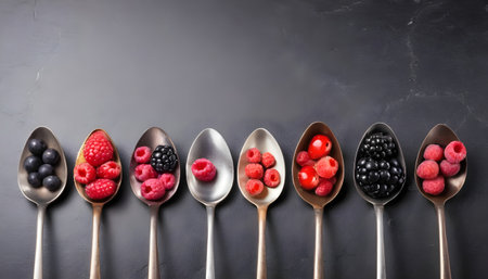 Different berries spoons. On a stone backgroundの素材