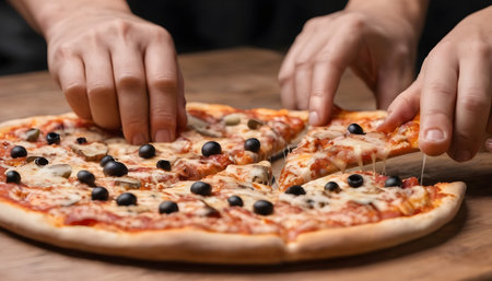 Hands taking pizza slices closeup selective focus view from wooden tableの素材