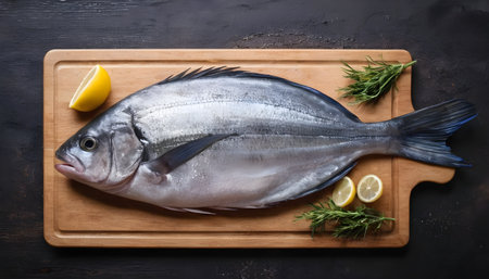 Raw sea fish on wooden cutting Board. On dark rustic backgroundの素材