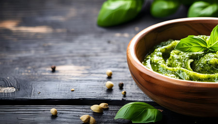 Pesto sauce in wooden bowl with Basil. On black rustic backgroundの素材