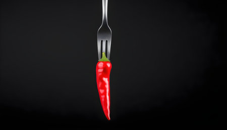 Red chili pepper on a fork on black background. Spicy food conceptの素材