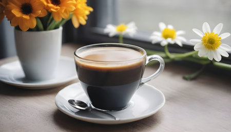 Refreshing black coffee. Cozy spring morning. Refreshing day at home with a cup of coffee and fresh spring flowersの素材