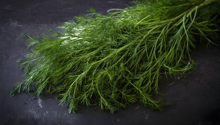 Fresh dill cut in the home garden. On dark rustic backgroundの素材