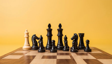 Chess pieces and chess board on yellow backgroundの素材