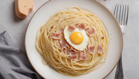 Classic homemade carbonara pasta with pancetta, egg, hard parmesan cheese and cream sauceの素材