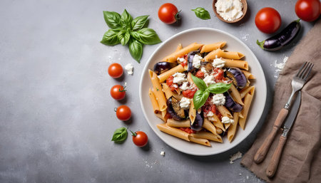 Pasta penne with eggplant. Pasta alla norma - traditional Italian food with eggplant, tomato, ricotta cheese and basilの素材
