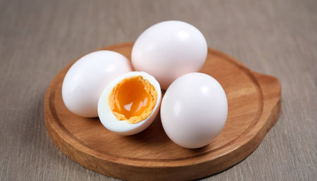Close-up boiled or raw chicken eggs on wooden boardの素材