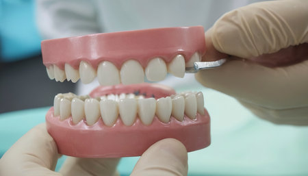 Closeup of hand dentist is holding dentures jaw showing how to brush the teethの素材