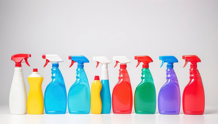 Colored plastic bottle with household cleaning products isolated on white backgroundの素材