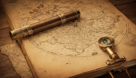 Compass, telescope and the book on the old mapの素材