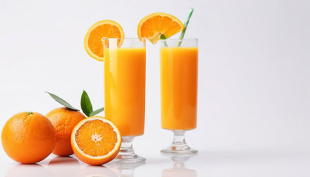 Fresh orange juice fruit drink glass over white background - tropical orange fruitの素材