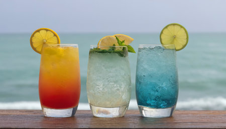 Iced drinking cocktails glass with sea backgroundの素材
