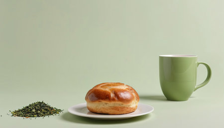 Minimalism, food on a background. Empty text space, mocap. Bun Tea Green beige white backgroundの素材