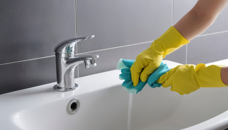 Maid with rubber glove cleaning tap and sink. Housekeeping scrubbing and polishing silver tap in bathroomの素材