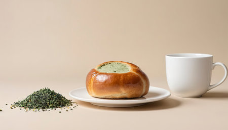Minimalism, food on a background. Empty text space, mocap. Bun Tea Green beige white backgroundの素材
