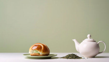 Minimalism, food on a background. Empty text space, mocap. Bun Tea Green beige white backgroundの素材
