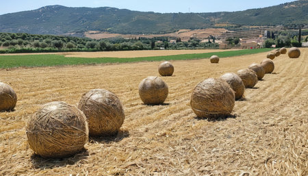 Straw balles on field in Spainの素材