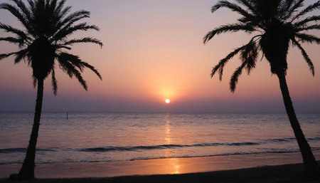 Sunset on the seacoast with silhouettes of palm treesの素材