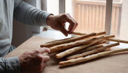 The man binds the grissini with an eco-friendly rope. A set of breadsticksの素材