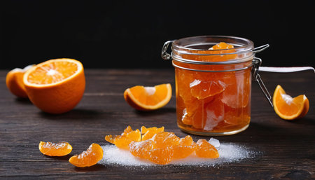 Orange marmalade on a wooden brown table with a black background. Tea with sliced orange.の素材