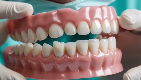 Closeup of hand dentist is holding dentures jaw showing how to brush the teethの素材