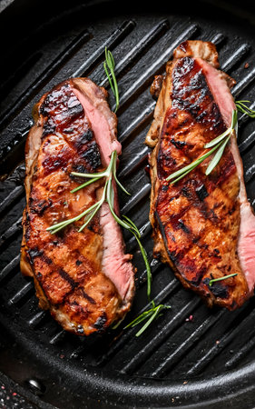 Beef sirloin steak on the grill pan. Black backgroundの素材