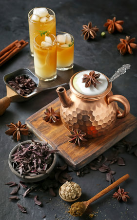 Composition with delicious traditional thai tea backgroundの素材