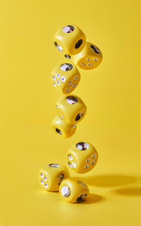 Falling yellow dices on yellow backgroundの素材
