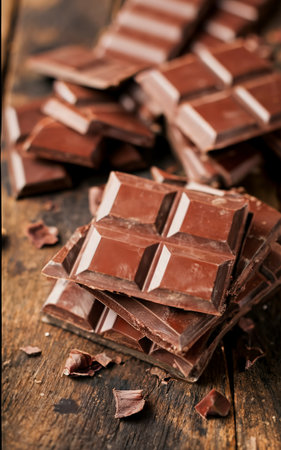 Chocolate pieces on wooden backgroundの素材